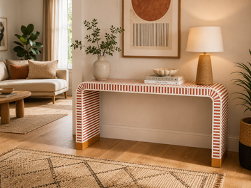 Terracotta Bone Inlay Console Table Handmade Striped Waterfall Entryway Table Luxury Hallway Furniture Modern Boho Decor