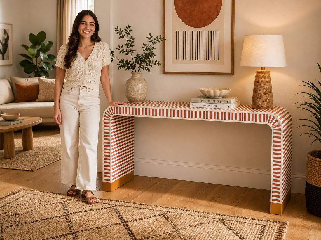 Terracotta Bone Inlay Console Table Handmade Striped Waterfall Entryway Table Luxury Hallway Furniture Modern Boho Decor