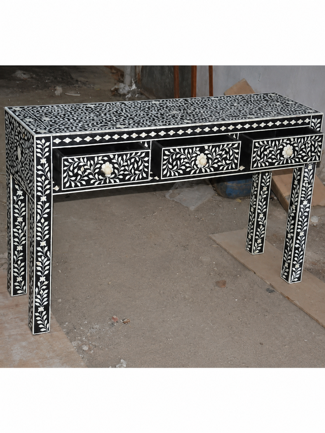Handmade Black Bone Inlay Console Table Floral Entryway Table Luxury Hallway Furniture Boho Console Home Decor