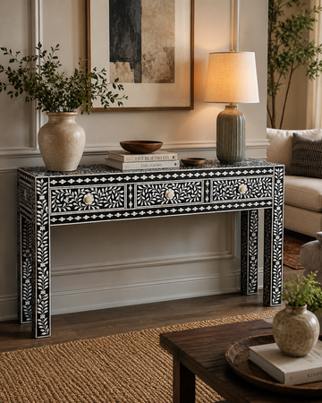 Handmade Black Bone Inlay Console Table Floral Entryway Table Luxury Hallway Furniture Boho Console Home Decor