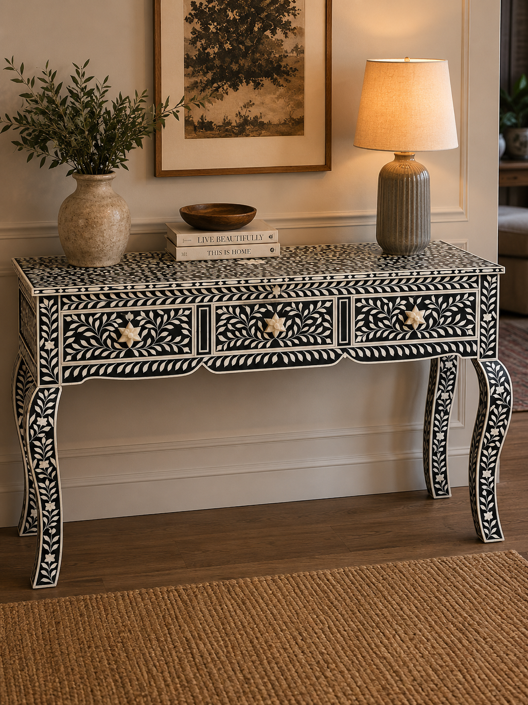 Black White Bone Inlay Console Table Handmade Floral Entryway Table Luxury Hallway Desk Boho Chic Furniture Decor