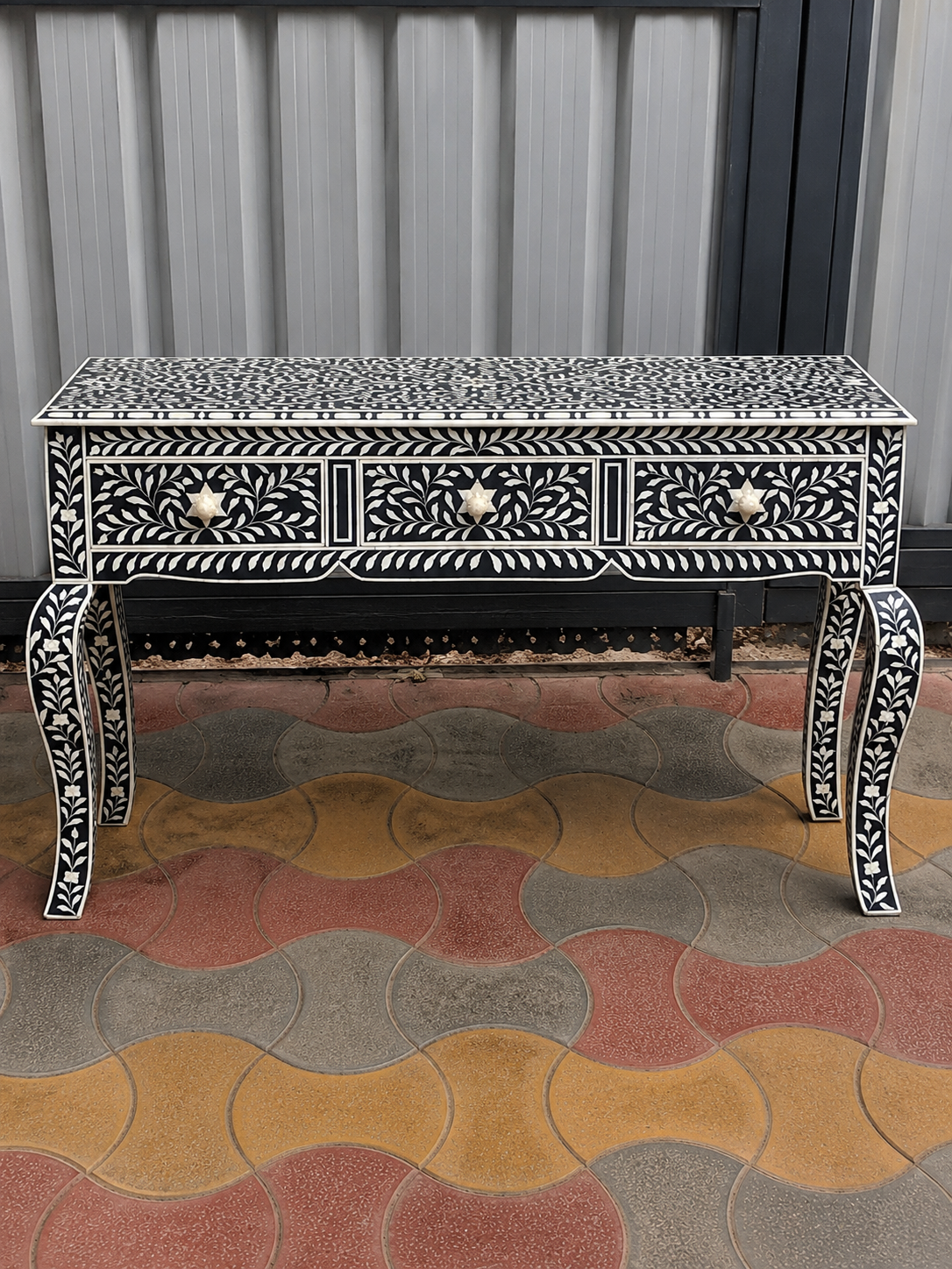 Blue White Bone Inlay Console Table Handmade Floral Entryway Table Luxury Hallway Desk Boho Chic Furniture Decor