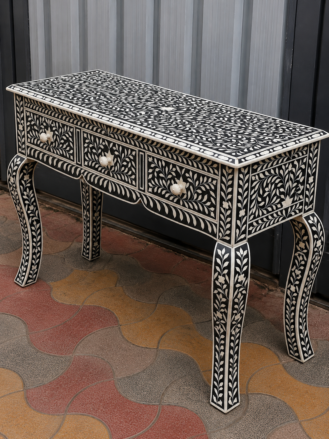 Black White Bone Inlay Console Table Handmade Floral Entryway Table Luxury Hallway Desk Boho Chic Furniture Decor