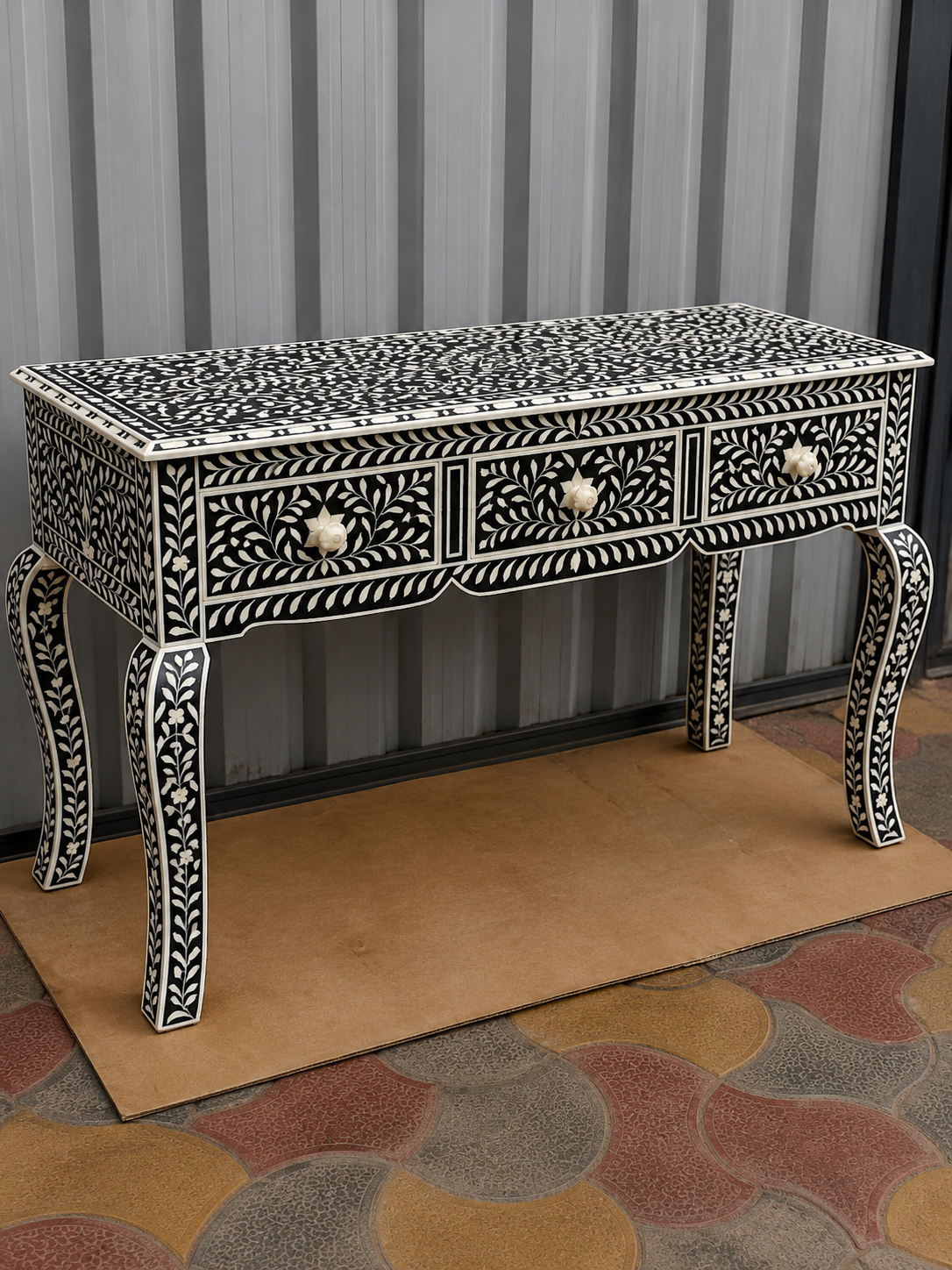 Black White Bone Inlay Console Table Handmade Floral Entryway Table Luxury Hallway Desk Boho Chic Furniture Decor