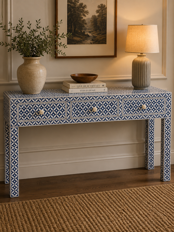 Blue White Bone Inlay Console Table Handmade Geometric Entryway Table Luxury Hallway Desk Boho Chic Furniture