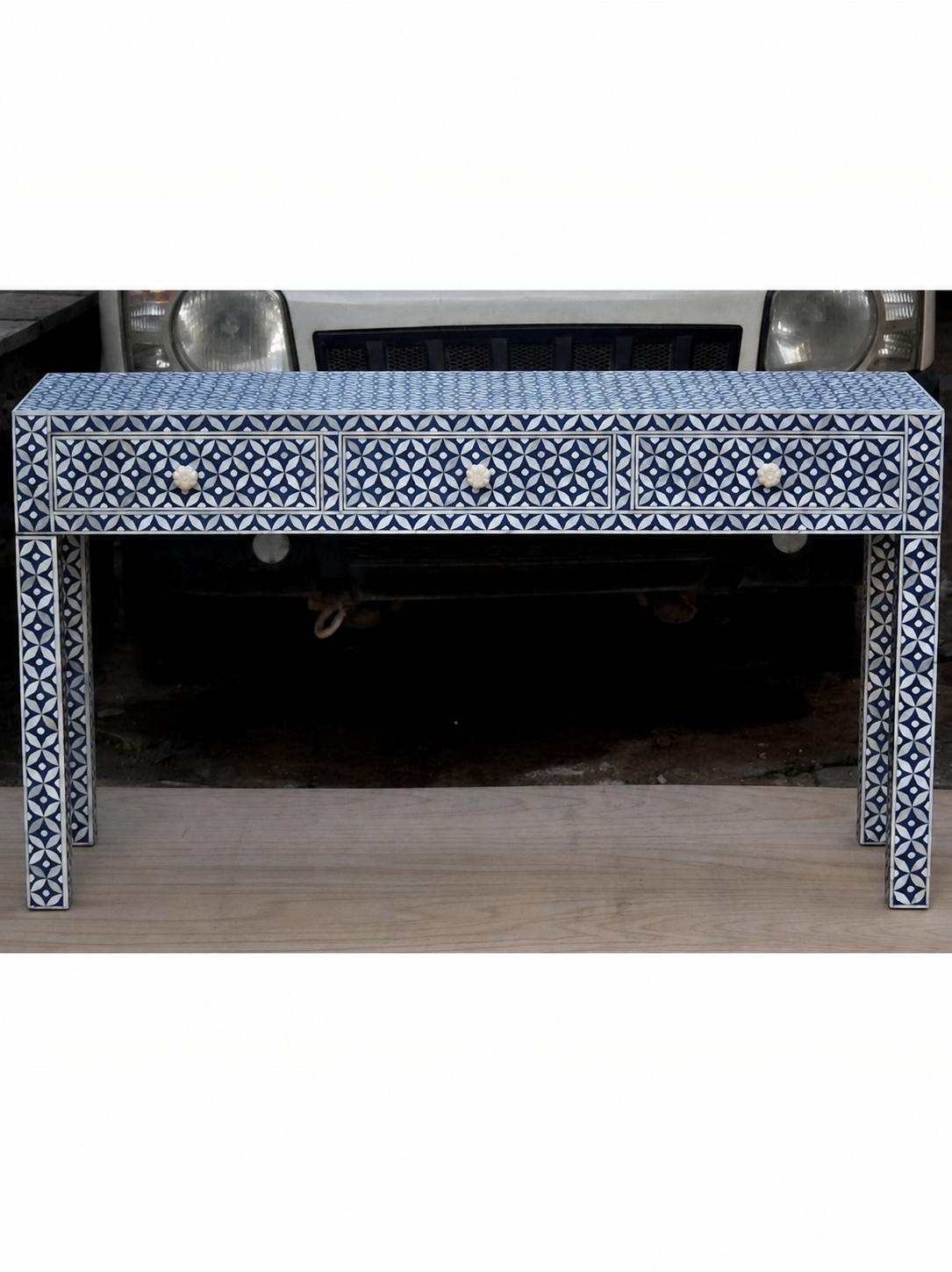Blue White Bone Inlay Console Table Handmade Geometric Entryway Table Luxury Hallway Desk Boho Chic Furniture