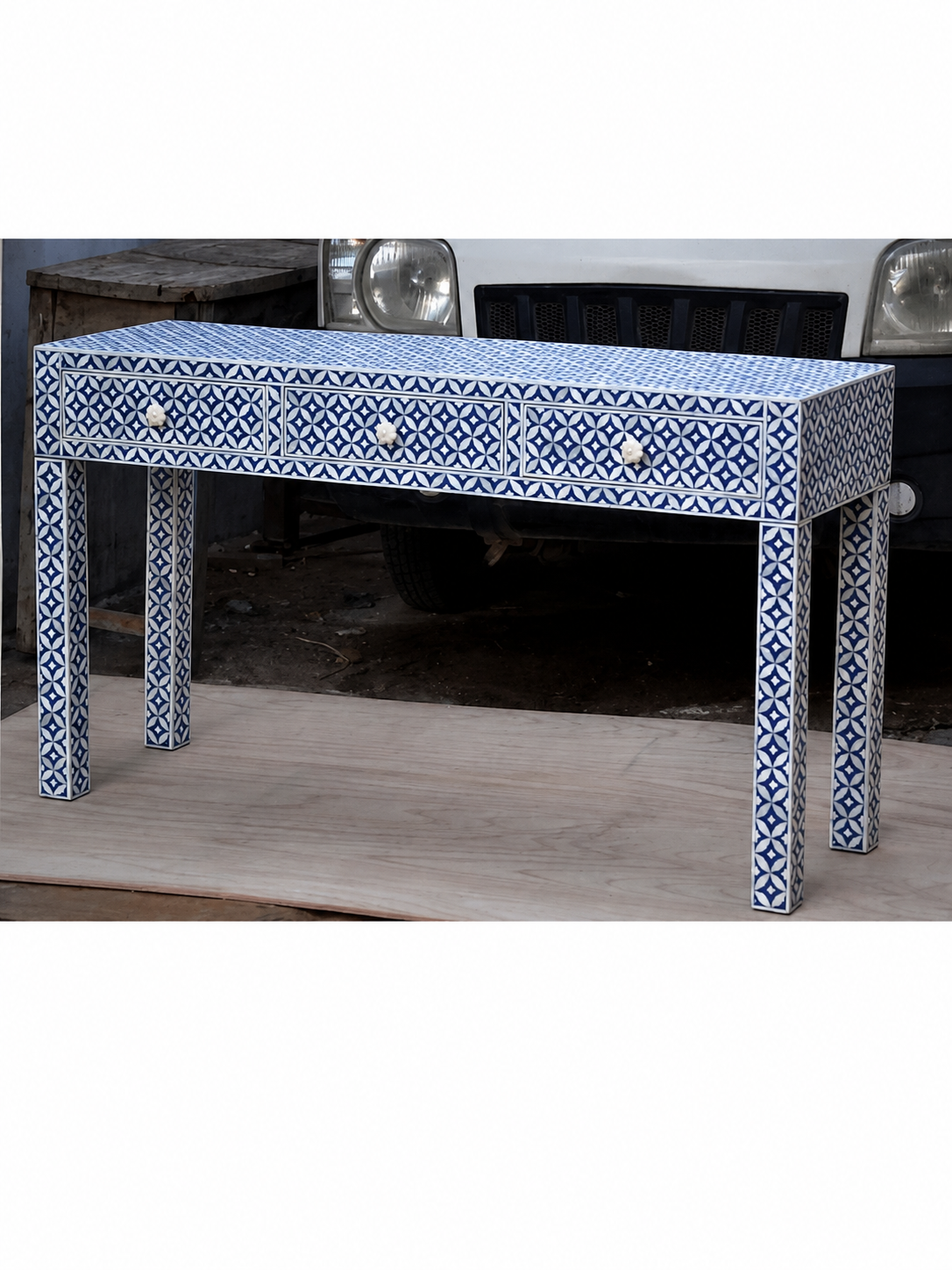Blue White Bone Inlay Console Table Handmade Geometric Entryway Table Luxury Hallway Desk Boho Chic Furniture