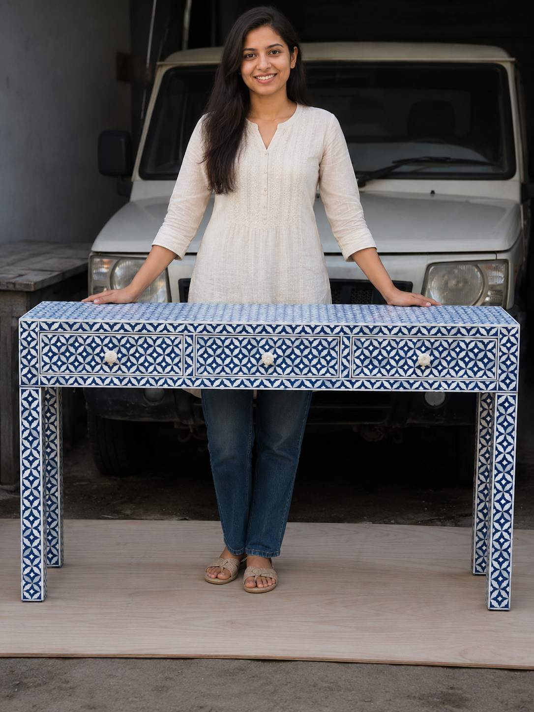 Blue White Bone Inlay Console Table Handmade Geometric Entryway Table Luxury Hallway Desk Boho Chic Furniture