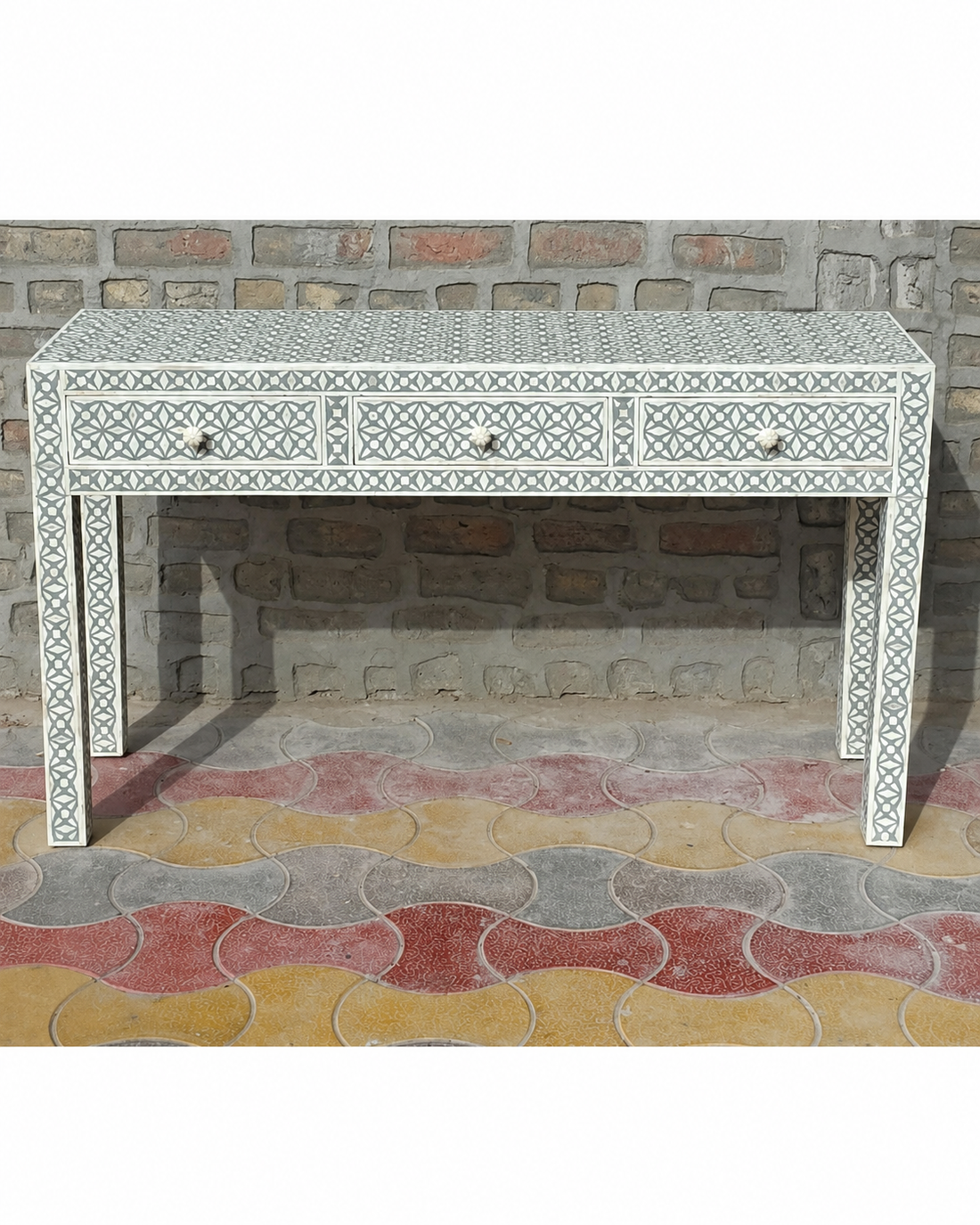 Gray White Bone Inlay Console Table Handmade Geometric Entryway Table Luxury Hallway Desk Modern Furniture Decor