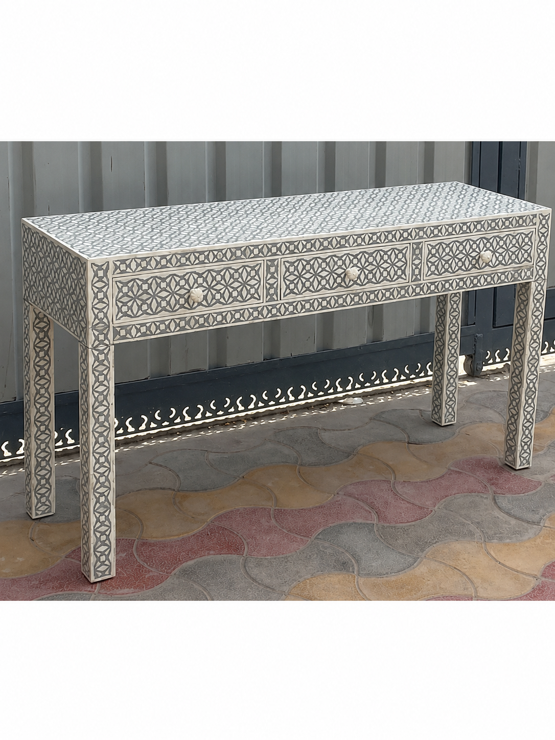 Gray White Bone Inlay Console Table Handmade Geometric Entryway Table Luxury Hallway Desk Modern Furniture Decor