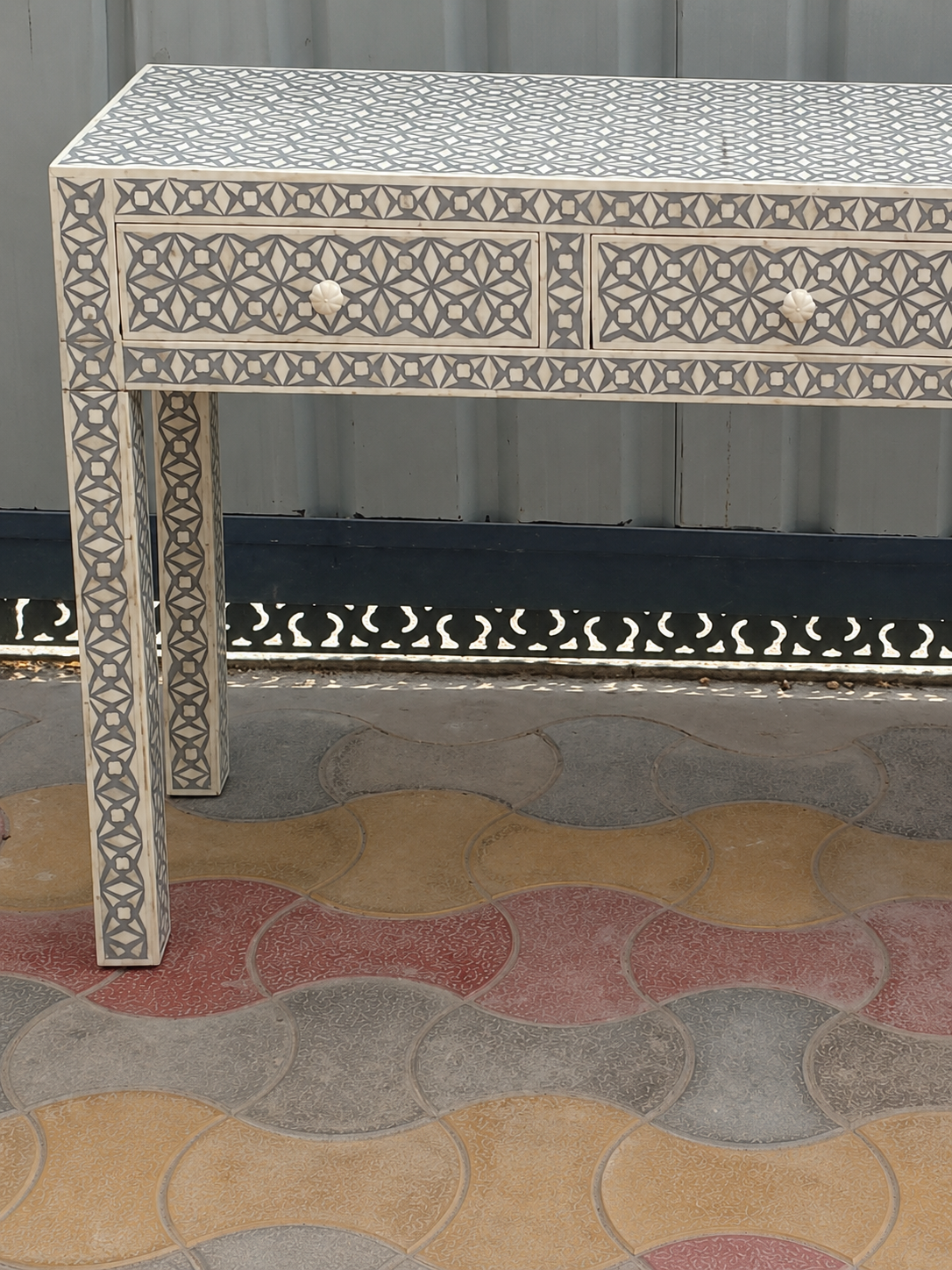 Gray White Bone Inlay Console Table Handmade Geometric Entryway Table Luxury Hallway Desk Modern Furniture Decor