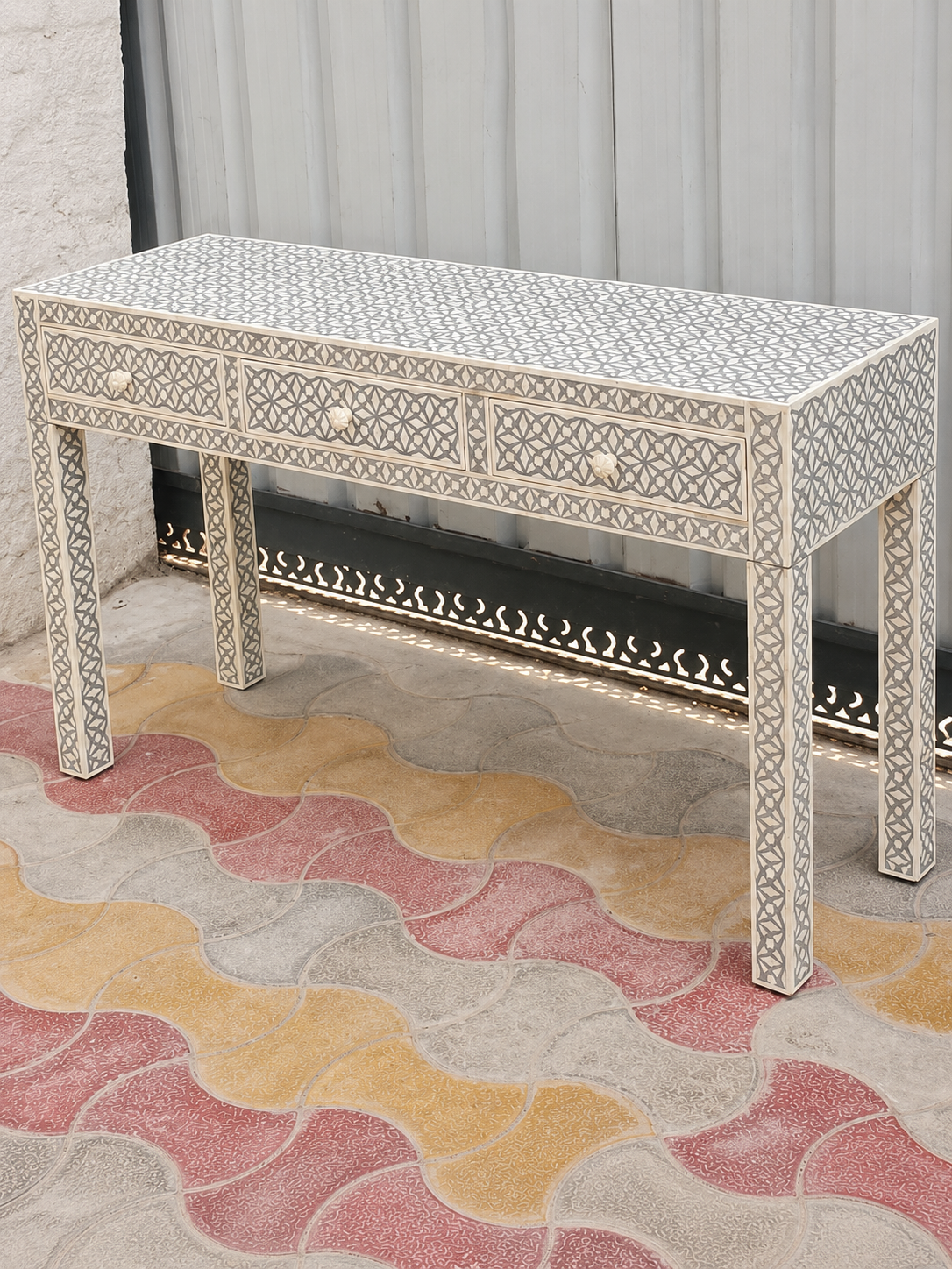 Gray White Bone Inlay Console Table Handmade Geometric Entryway Table Luxury Hallway Desk Modern Furniture Decor