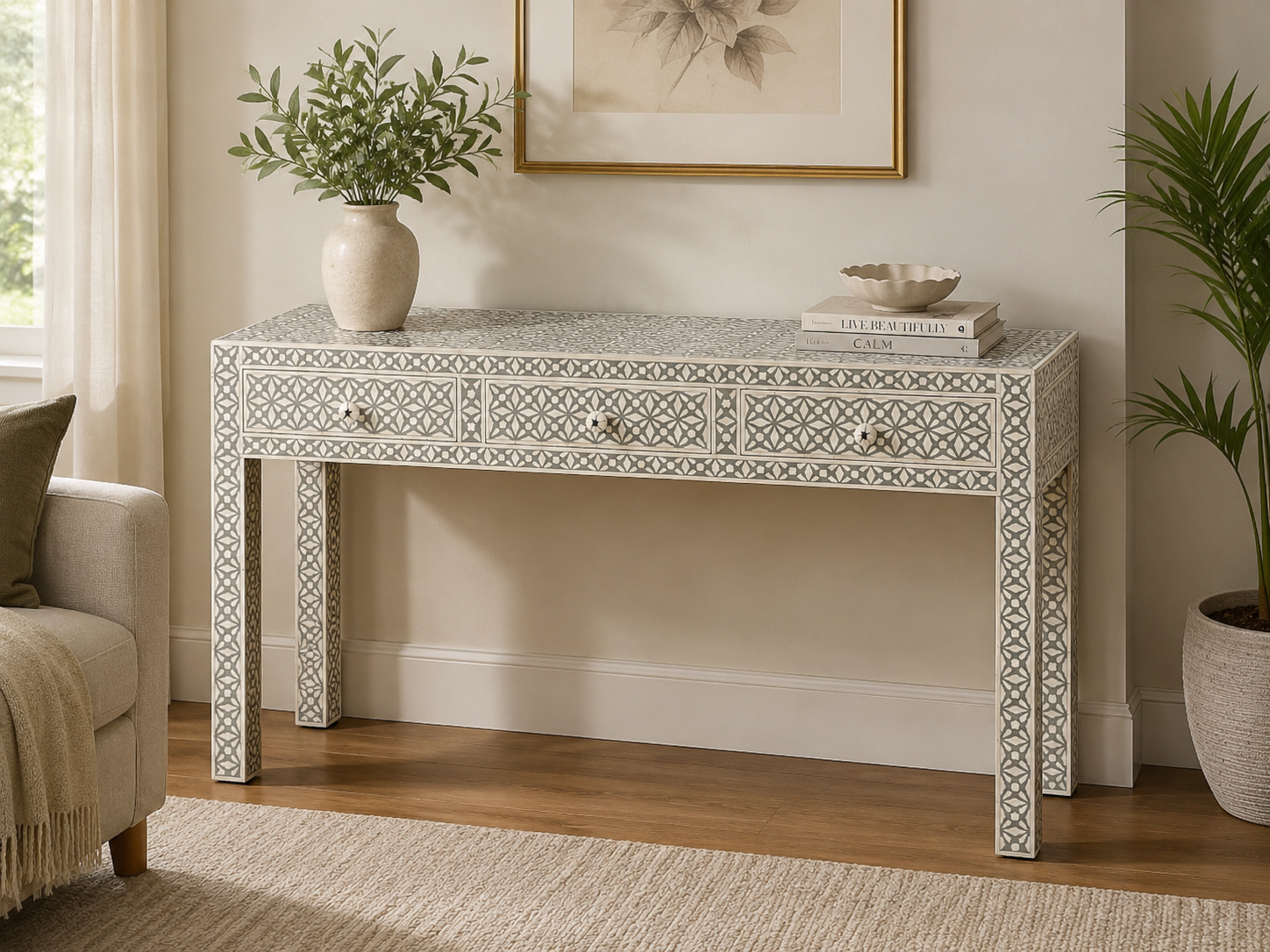 Gray White Bone Inlay Console Table Handmade Geometric Entryway Table Luxury Hallway Desk Modern Furniture Decor