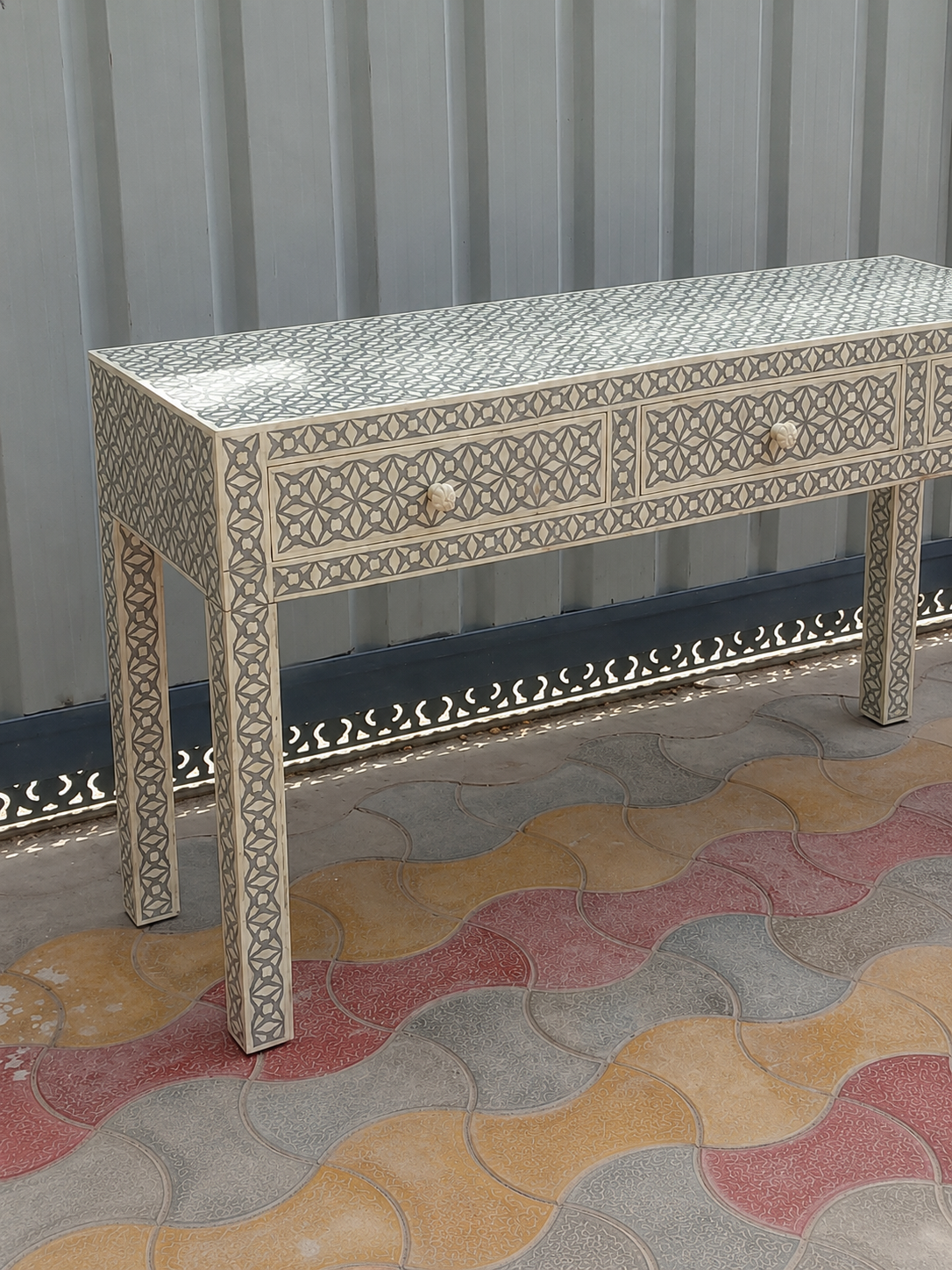 Gray White Bone Inlay Console Table Handmade Geometric Entryway Table Luxury Hallway Desk Modern Furniture Decor
