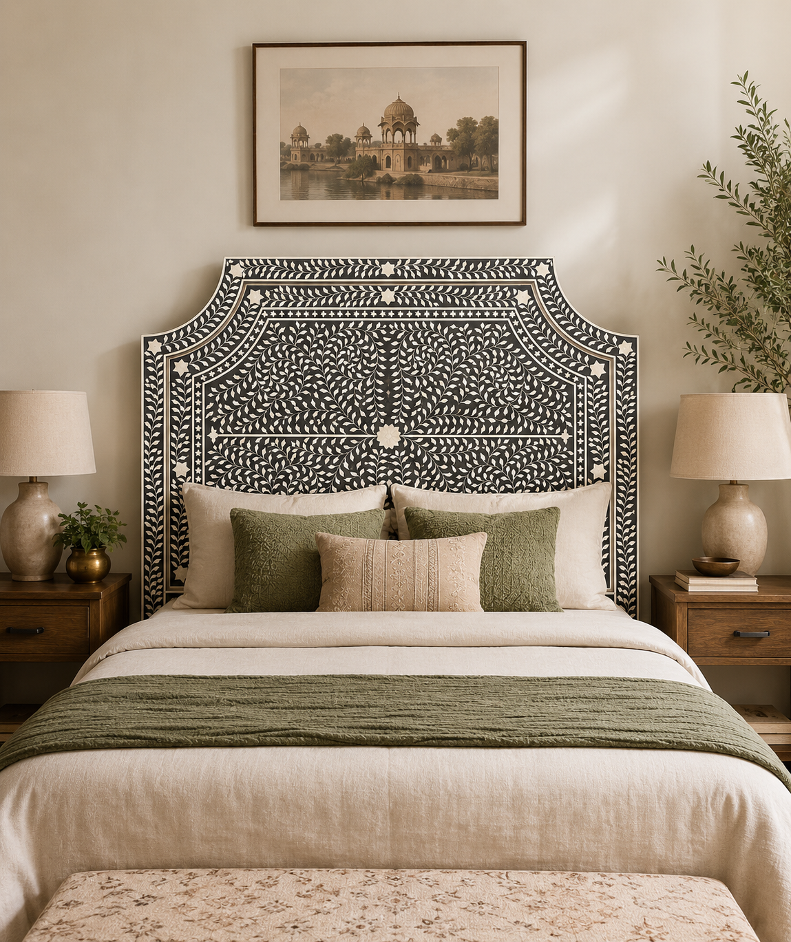 Gray Bone Inlay Headboard Handmade Floral Bed Headboard Luxury Bedroom Furniture Queen King Boho Chic Headboard