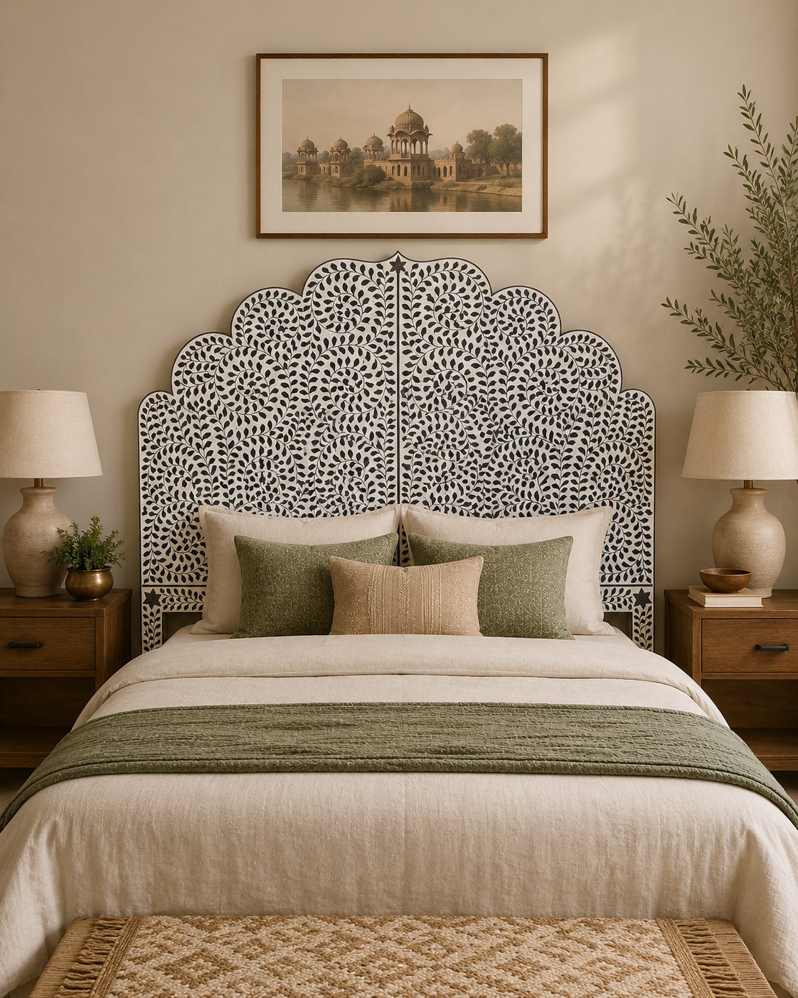 Blue White Bone Inlay Headboard Handmade Scalloped Floral Bed Headboard Luxury Boho Bedroom Furniture Deco