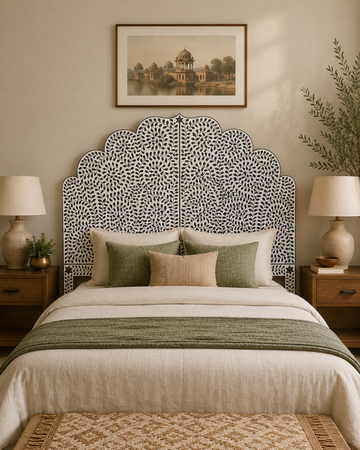Blue White Bone Inlay Headboard Handmade Scalloped Floral Bed Headboard Luxury Boho Bedroom Furniture Deco