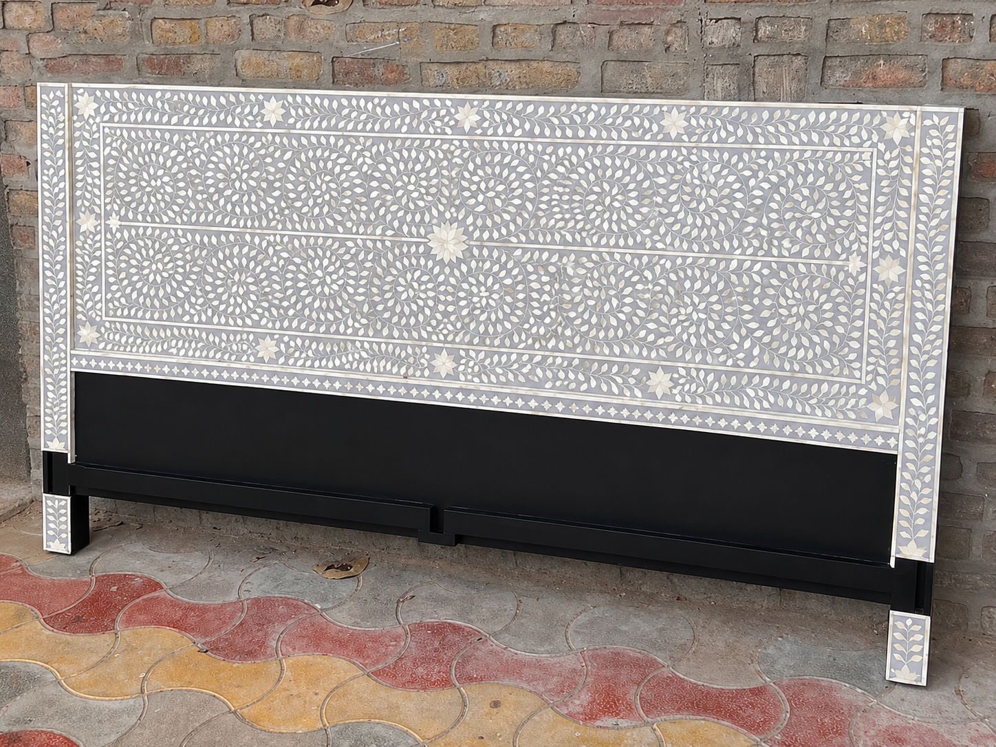 Gray White Bone Inlay Headboard Handmade Floral King Queen Bed Headboard Luxury Bedroom Furniture Decor