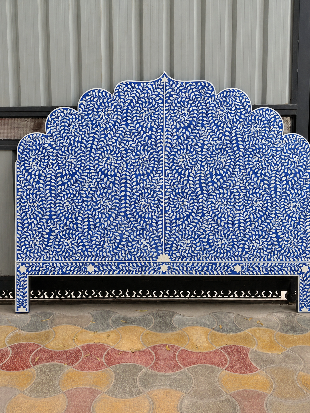 Blue White Bone Inlay Headboard Handmade Scalloped Floral Bed Headboard Luxury Boho Bedroom Furniture Decor