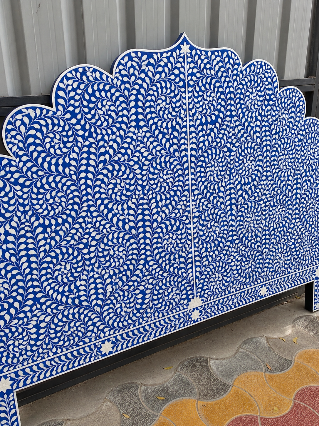 Blue White Bone Inlay Headboard Handmade Scalloped Floral Bed Headboard Luxury Boho Bedroom Furniture Decor