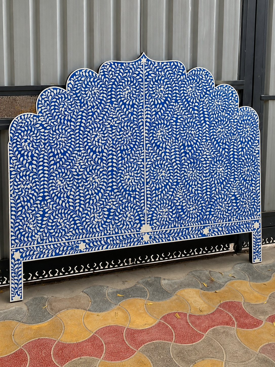 Blue White Bone Inlay Headboard Handmade Scalloped Floral Bed Headboard Luxury Boho Bedroom Furniture Decor