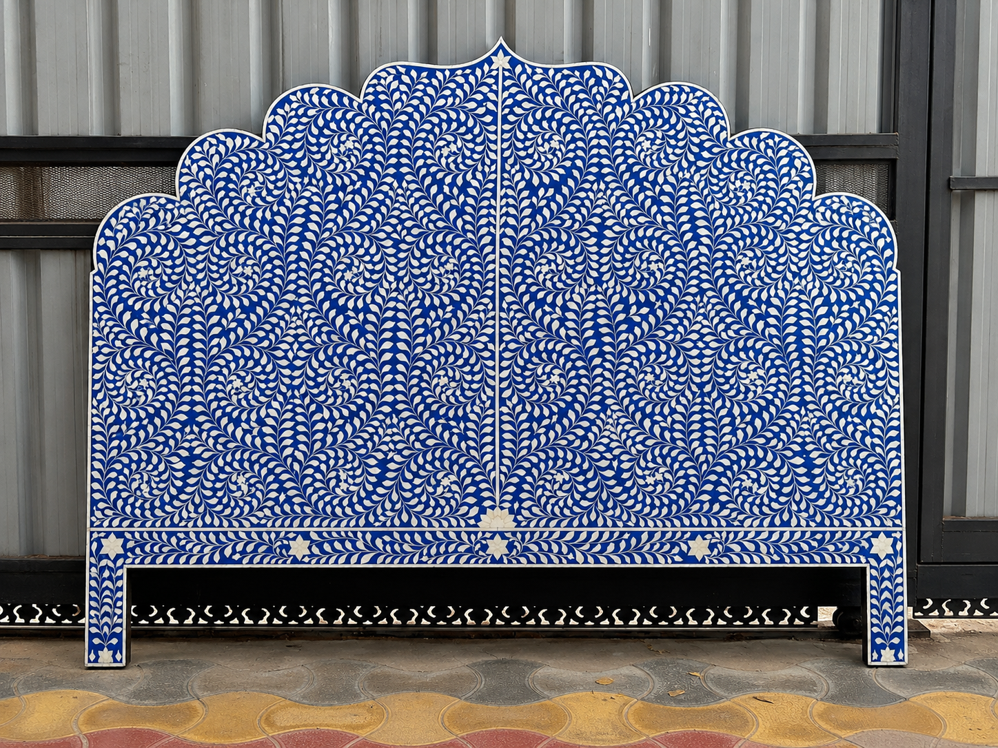 Blue White Bone Inlay Headboard Handmade Scalloped Floral Bed Headboard Luxury Boho Bedroom Furniture Decor