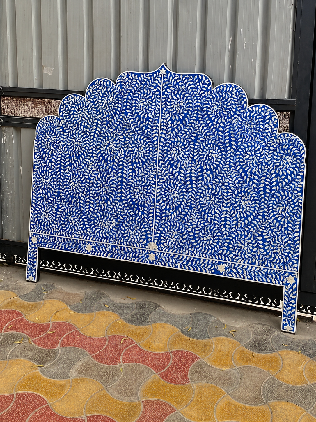 Blue White Bone Inlay Headboard Handmade Scalloped Floral Bed Headboard Luxury Boho Bedroom Furniture Decor