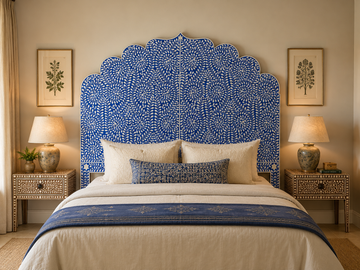 Blue White Bone Inlay Headboard Handmade Scalloped Floral Bed Headboard Luxury Boho Bedroom Furniture Decor
