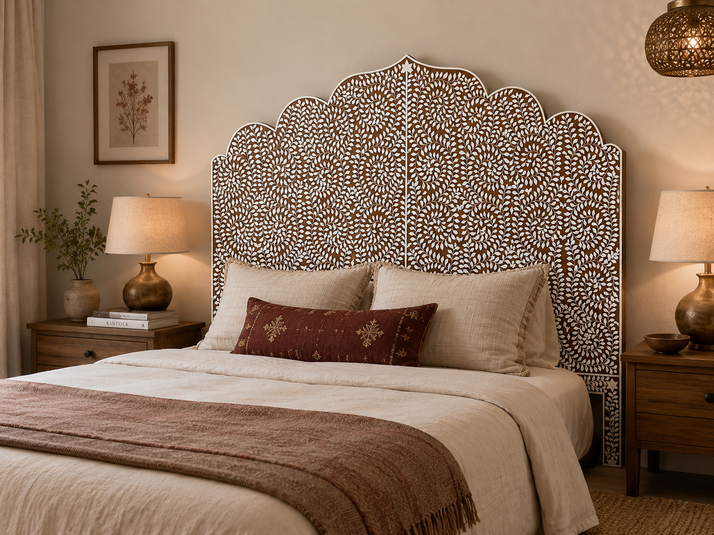 Brown White Bone Inlay Headboard Handmade Scalloped Floral Bed Headboard Luxury Boho Bedroom Furniture Decor