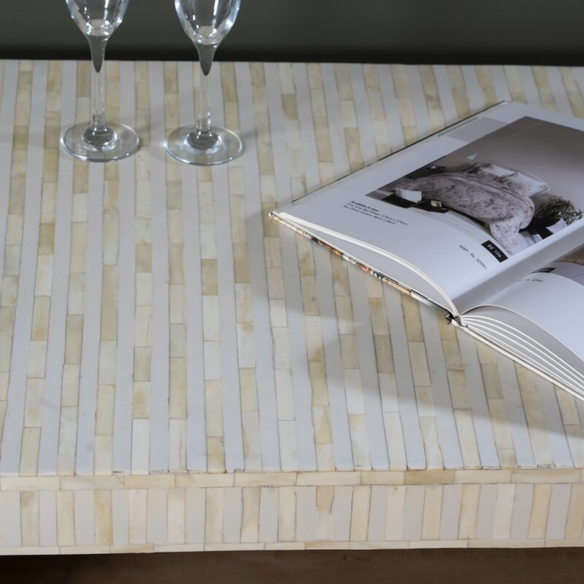 Handmade White Bone Inlay Waterfall Coffee Table | Modern Luxury Coffee Table