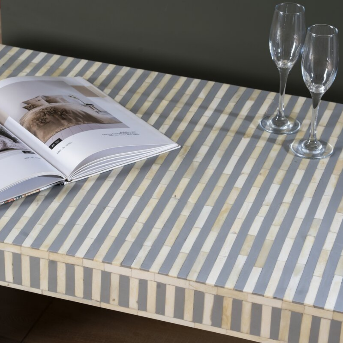 Handmade Grey Stripe Bone Inlay Coffee Table | Modern Waterfall Coffee Table