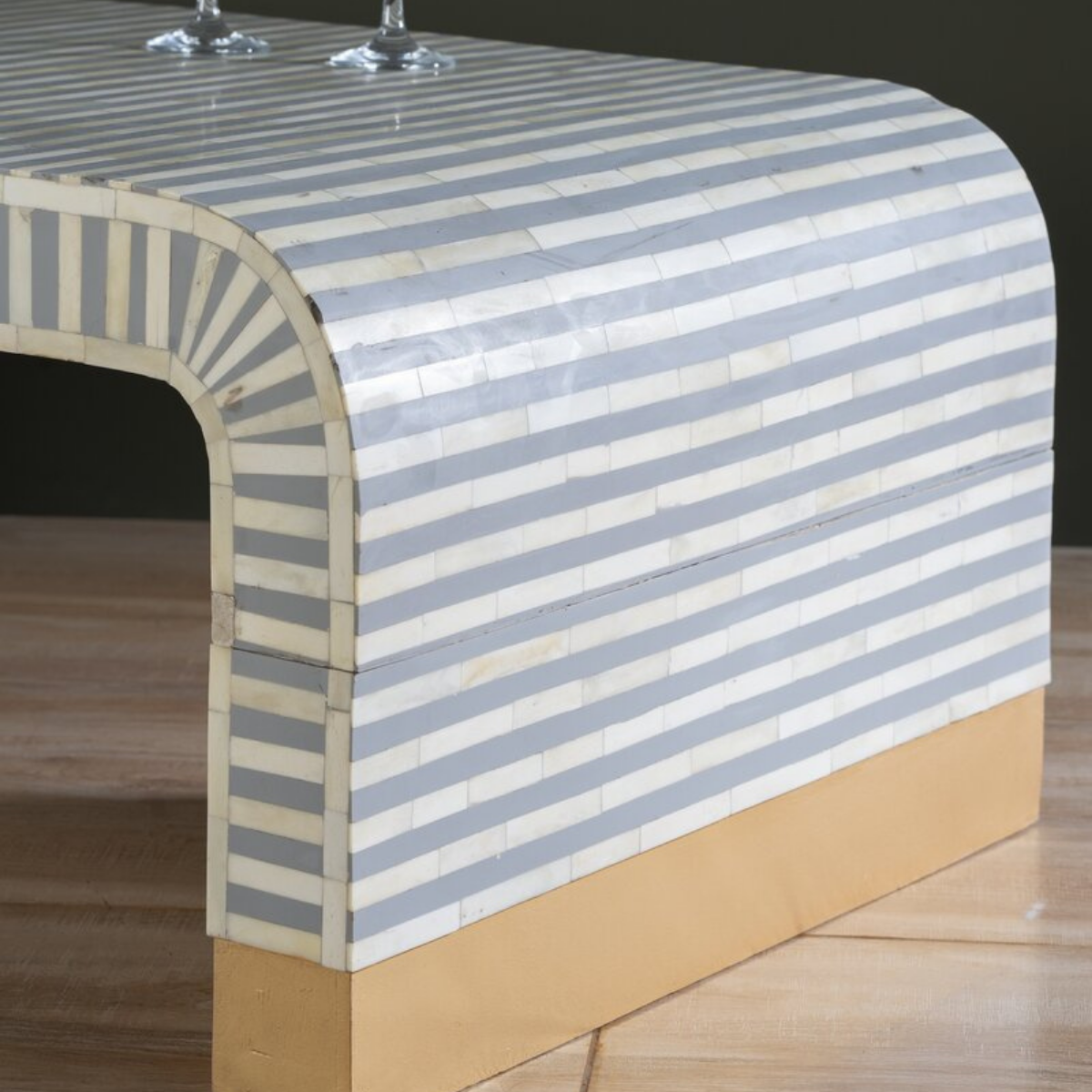 Handmade Grey Stripe Bone Inlay Coffee Table | Modern Waterfall Coffee Table