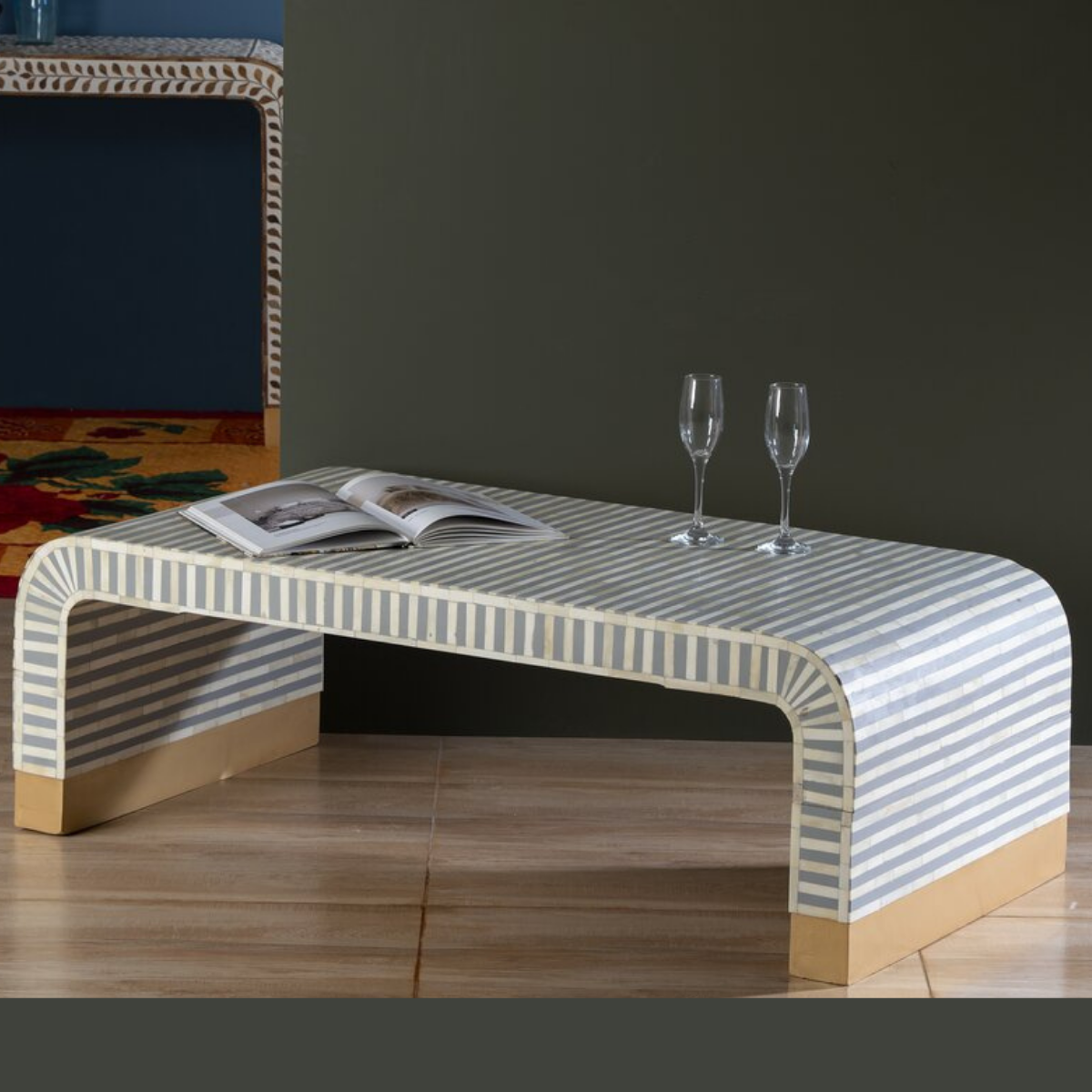 Handmade Grey Stripe Bone Inlay Coffee Table | Modern Waterfall Coffee Table