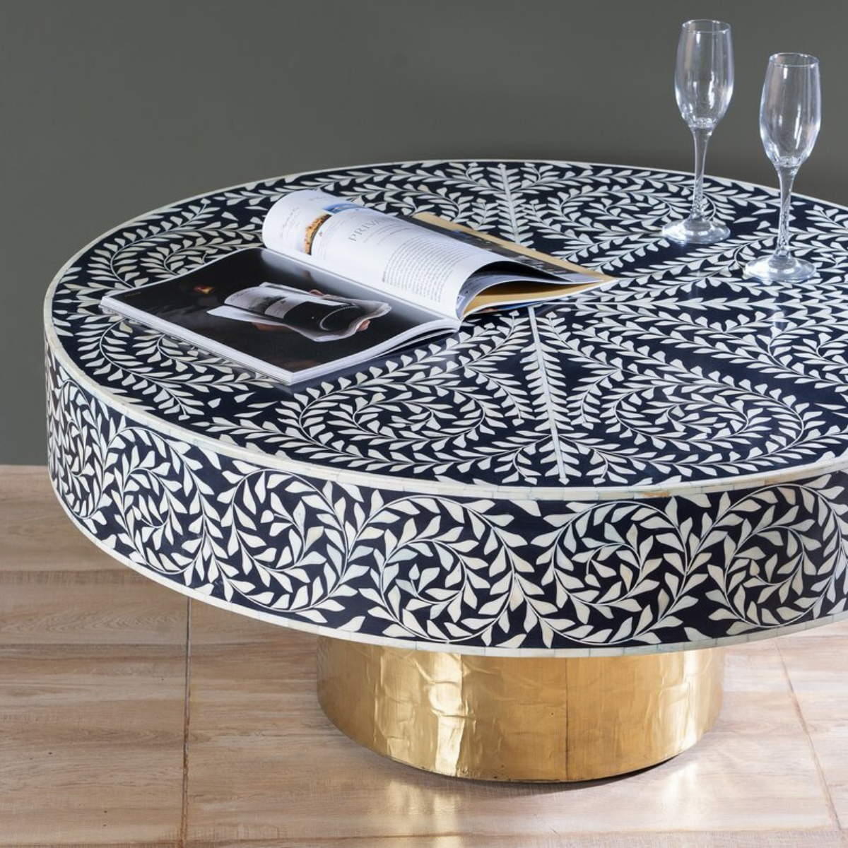 Handmade Black Bone Inlay Round Coffee Table with Gold Pedestal Base | Luxury Floral Center Table