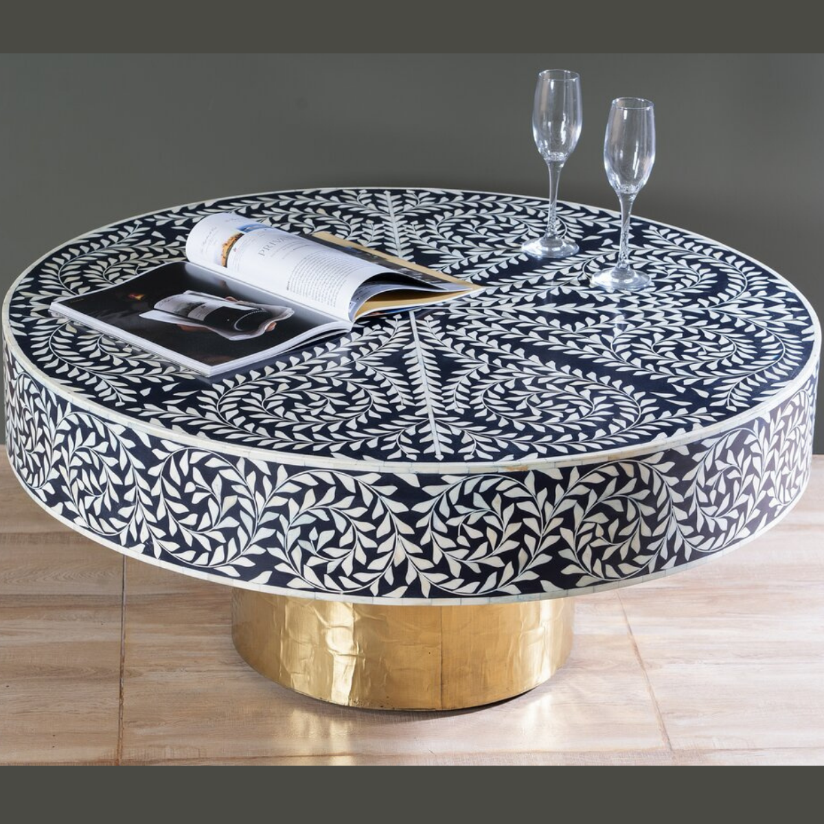 Handmade Black Bone Inlay Round Coffee Table with Gold Pedestal Base | Luxury Floral Center Table