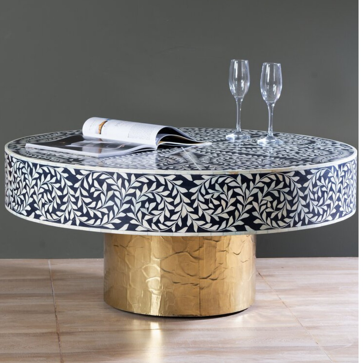 Handmade Black Bone Inlay Round Coffee Table with Gold Pedestal Base | Luxury Floral Center Table