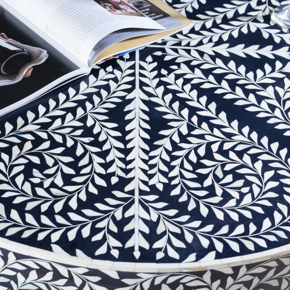 Handmade Black Bone Inlay Round Coffee Table with Gold Pedestal Base | Luxury Floral Center Table