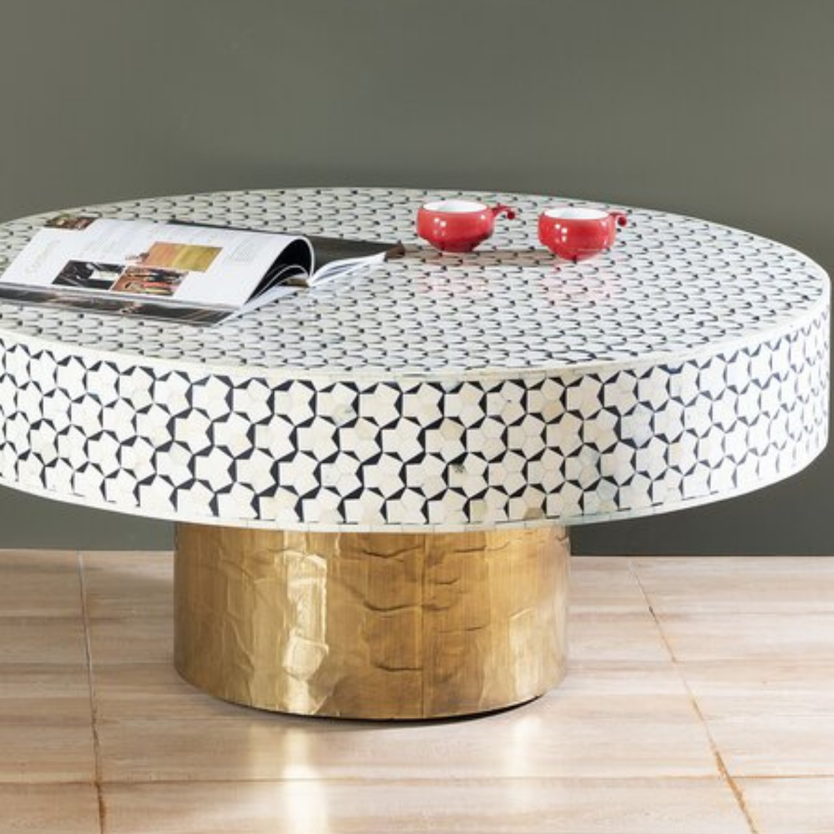 Handmade Bone Inlay Round Coffee Table with Brass Base | Luxury Center Table
