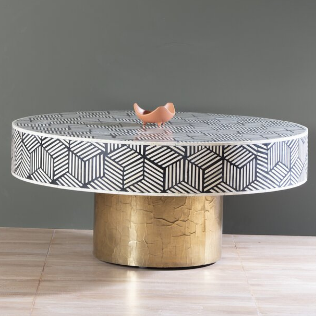 Handmade Striped Bone Inlay Round Coffee Table with Gold Base | Luxury Center Table