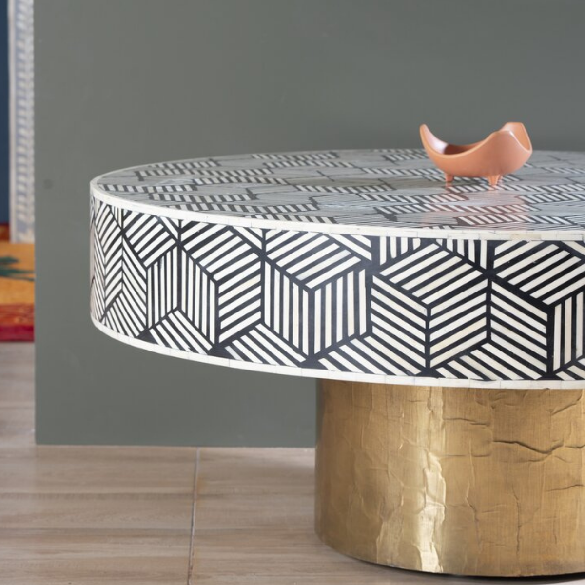 Handmade Striped Bone Inlay Round Coffee Table with Gold Base | Luxury Center Table