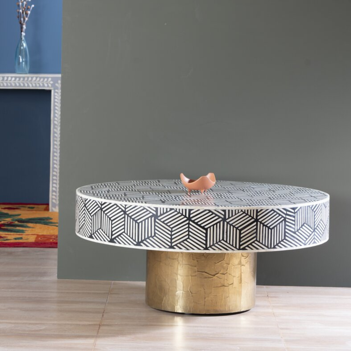 Handmade Striped Bone Inlay Round Coffee Table with Gold Base | Luxury Center Table