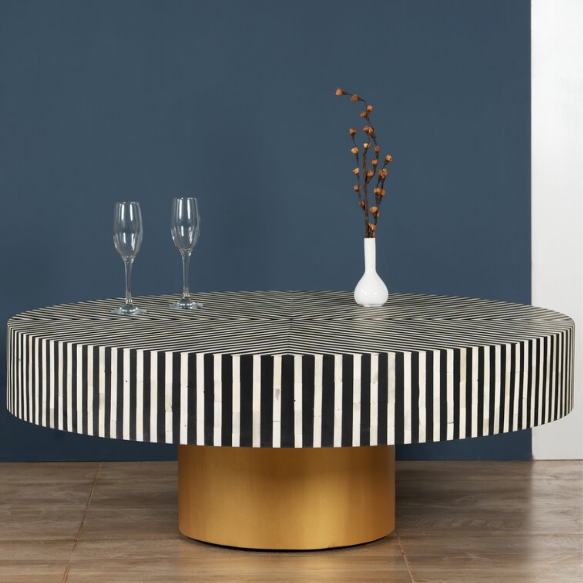 Handmade Black & White Striped Bone Inlay Round Coffee Table with Gold Base | Modern Center Table