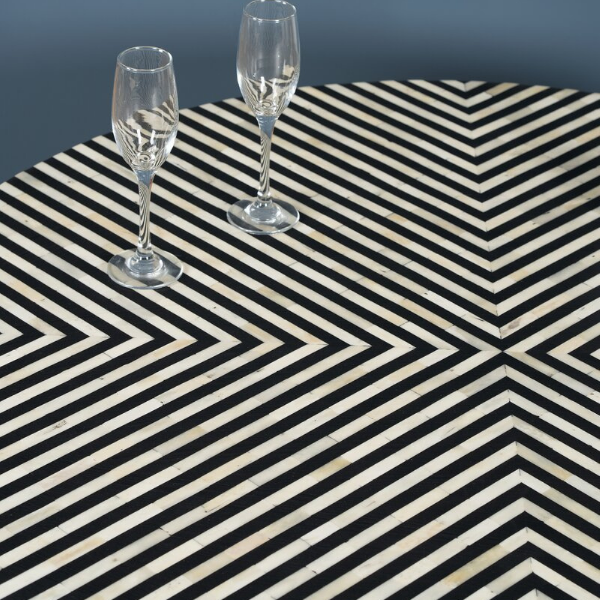 Handmade Black & White Striped Bone Inlay Round Coffee Table with Gold Base | Modern Center Table