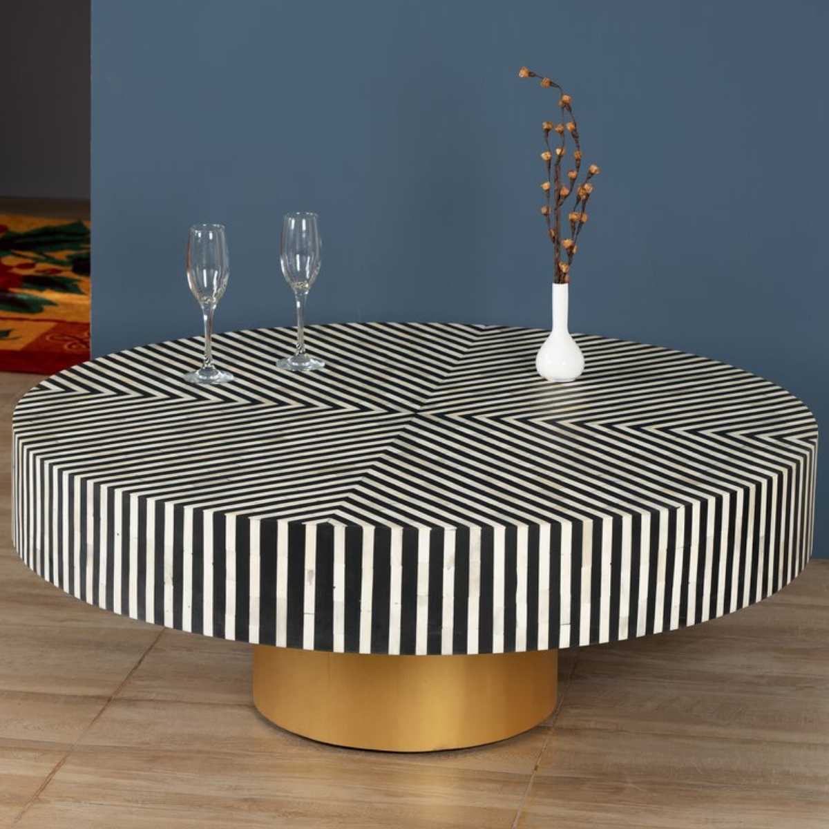 Handmade Black & White Striped Bone Inlay Round Coffee Table with Gold Base | Modern Center Table