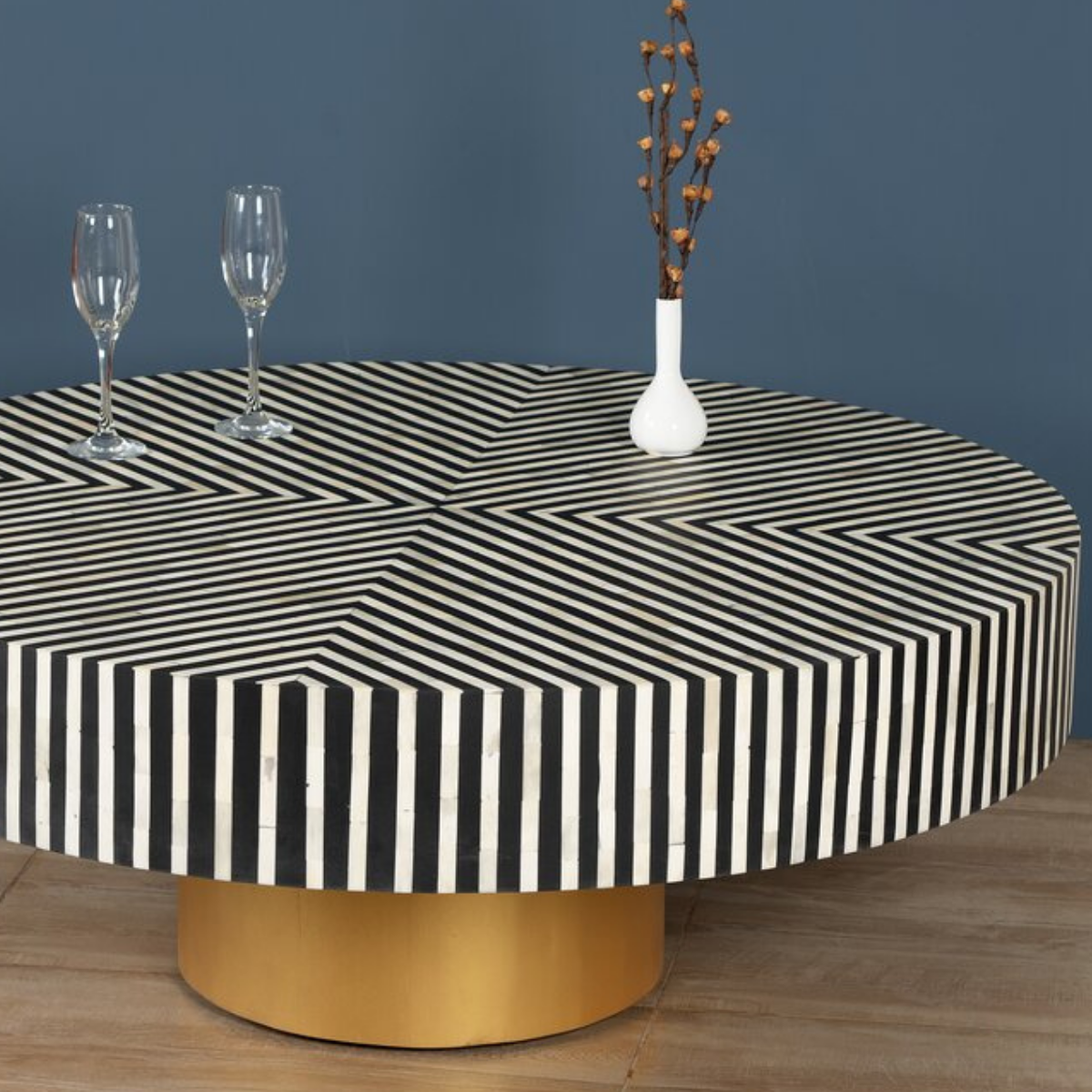 Handmade Black & White Striped Bone Inlay Round Coffee Table with Gold Base | Modern Center Table