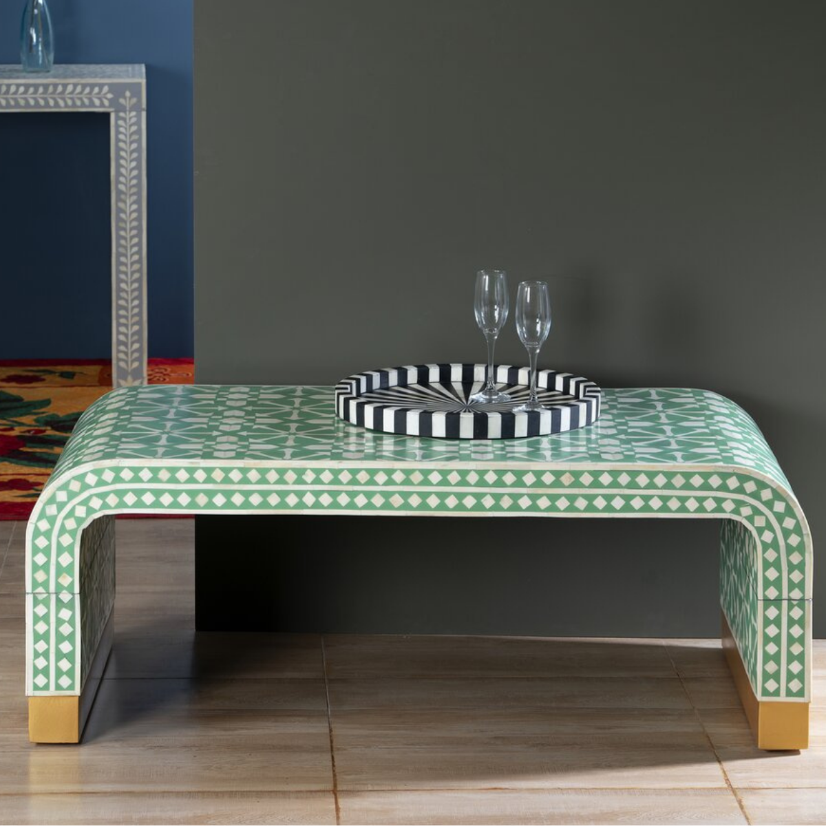 Handmade Green Arrow Bone Inlay Coffee Table | Modern Geometric Center Table