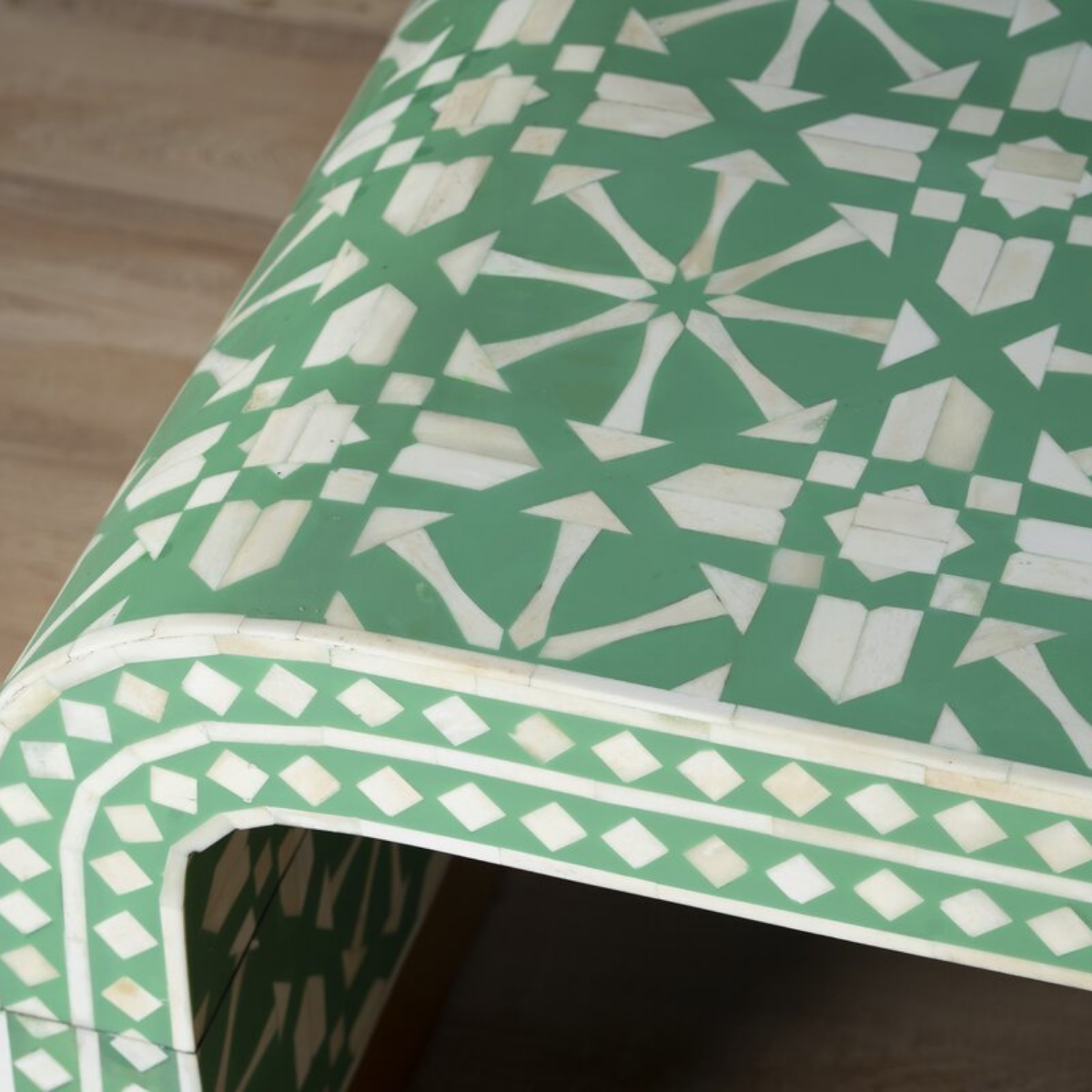 Handmade Green Arrow Bone Inlay Coffee Table | Modern Geometric Center Table
