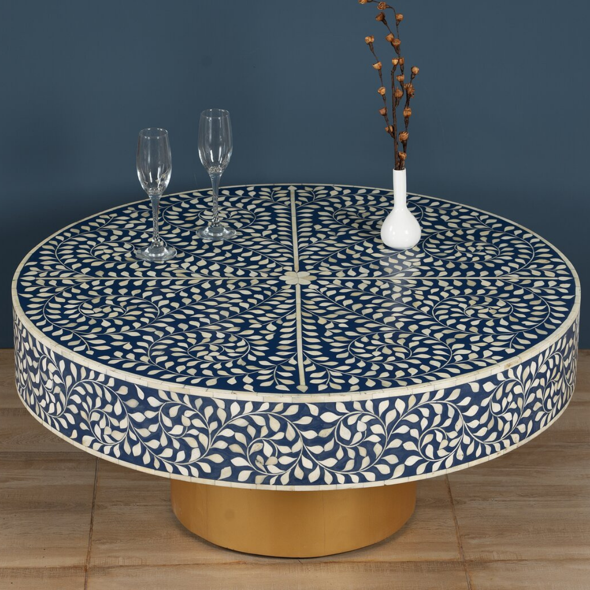 Handmade Blue Bone Inlay Round Coffee Table with Gold Base | Floral Center Table