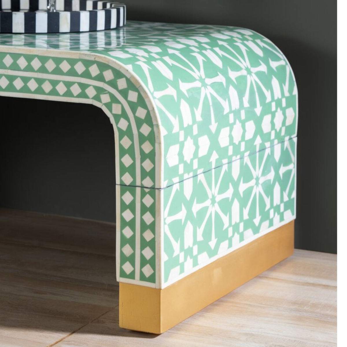 Handmade Green Arrow Bone Inlay Coffee Table | Modern Geometric Center Table