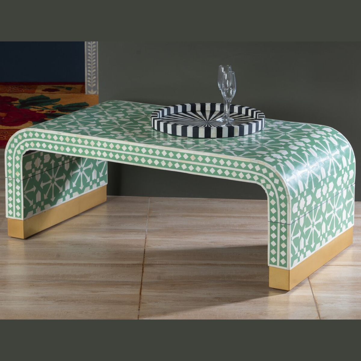 Handmade Green Arrow Bone Inlay Coffee Table | Modern Geometric Center Table